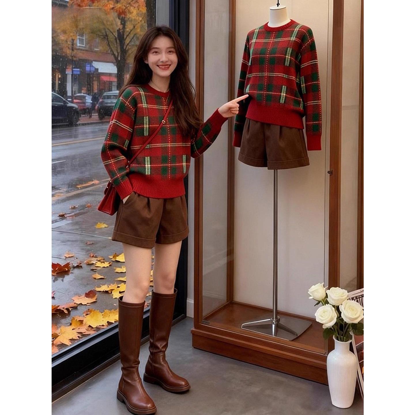 圣诞新年红色格子套头毛衣女