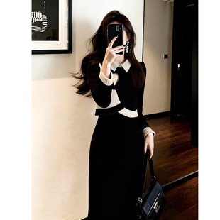 独特漂亮冬装一整套高级感轻熟名媛黑色拼接针织上衣半身裙套装女