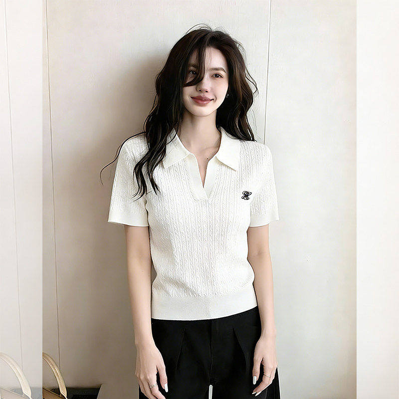 韩版时尚麻花纹短袖针织针织衫女2026夏季新款正肩显瘦POLO衫上衣