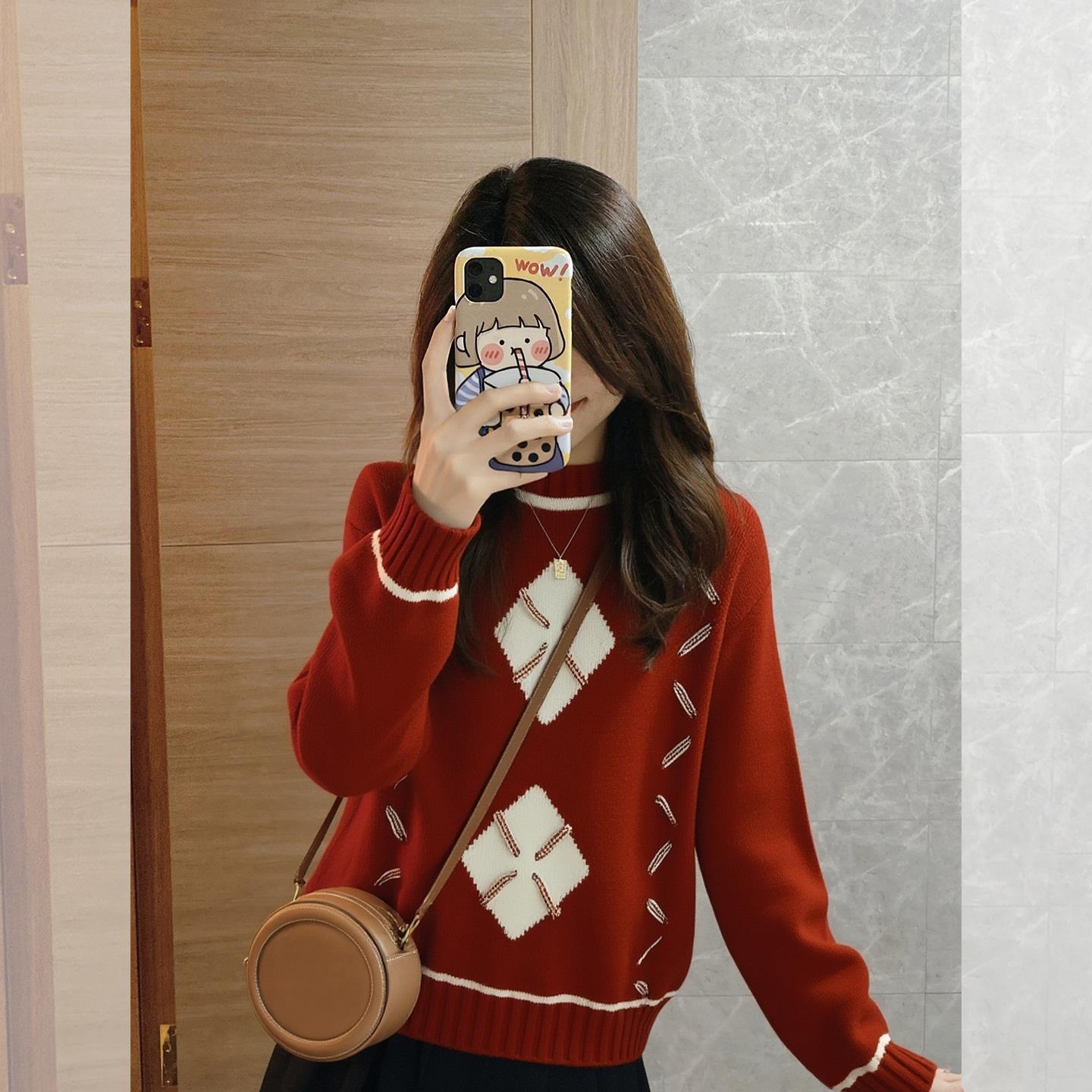 2025新款红色套头针织衫女秋冬炸街独特漂亮慵懒风毛衣可外穿内搭