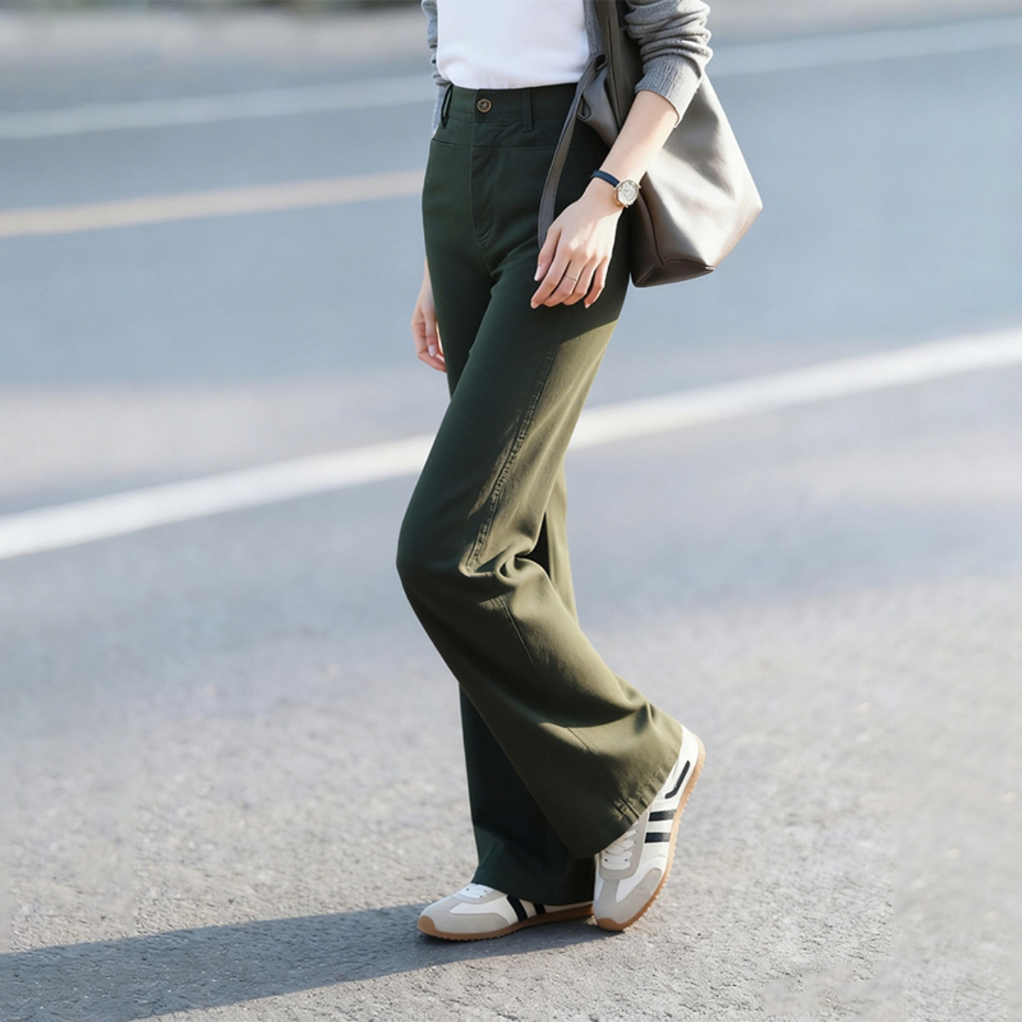 绿色灯芯绒休闲长裤秋季时尚