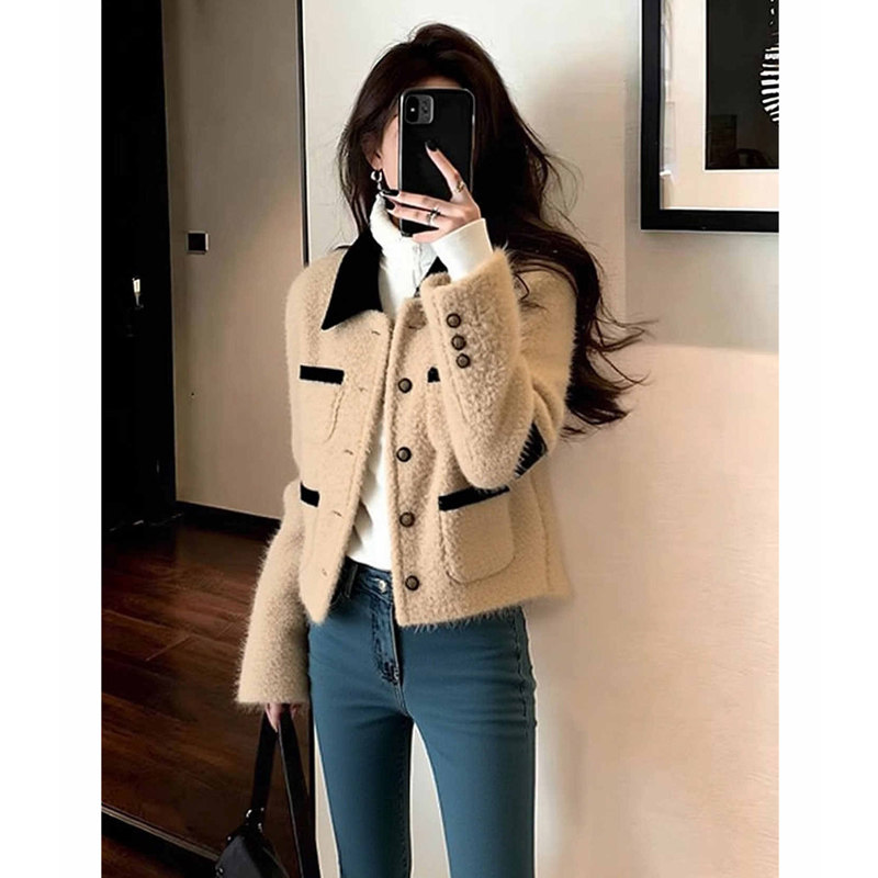 法式轻熟小香风卡其色毛绒翻领短外套女2025秋冬绝美巨好看的上衣,女装/女士精品,短外套,淘宝优惠券,粉丝福利购,淘宝优惠卷