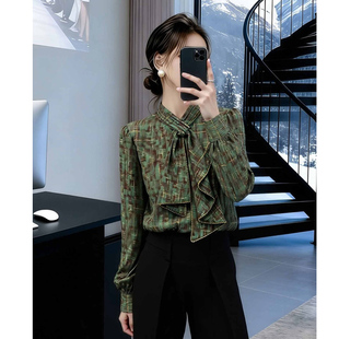 小衫 法式 巨好看 女2026新款 轻奢高级感减龄洋气绿色格纹飘带衬衫