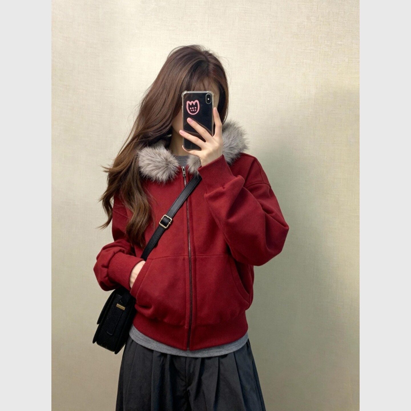 红色毛领连帽卫衣外套2025新款