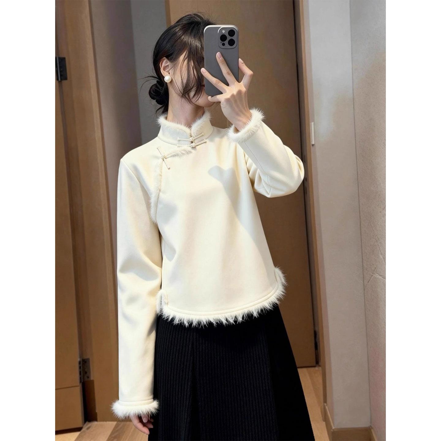 毛边斜襟立领盘扣衬衫女