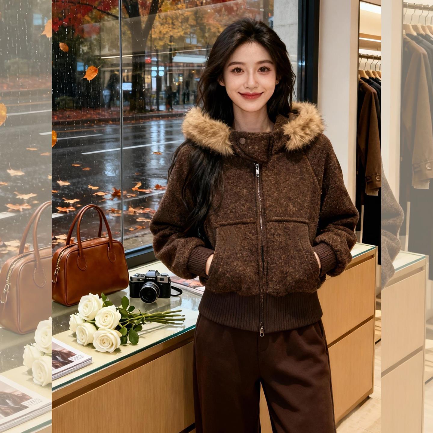 短款夹克慵懒软糯毛领咖色外套女