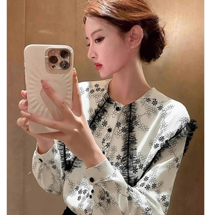 甜美少女风碎花衬衫女长袖大翻领双排扣减龄百搭上衣女装韩版宽松