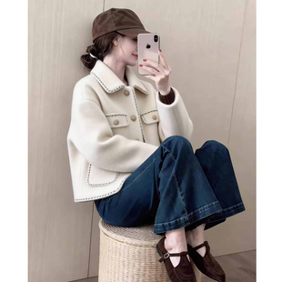 韩系小香风绝美巨好看的白色翻领短外套女2025秋冬新款小个子上衣