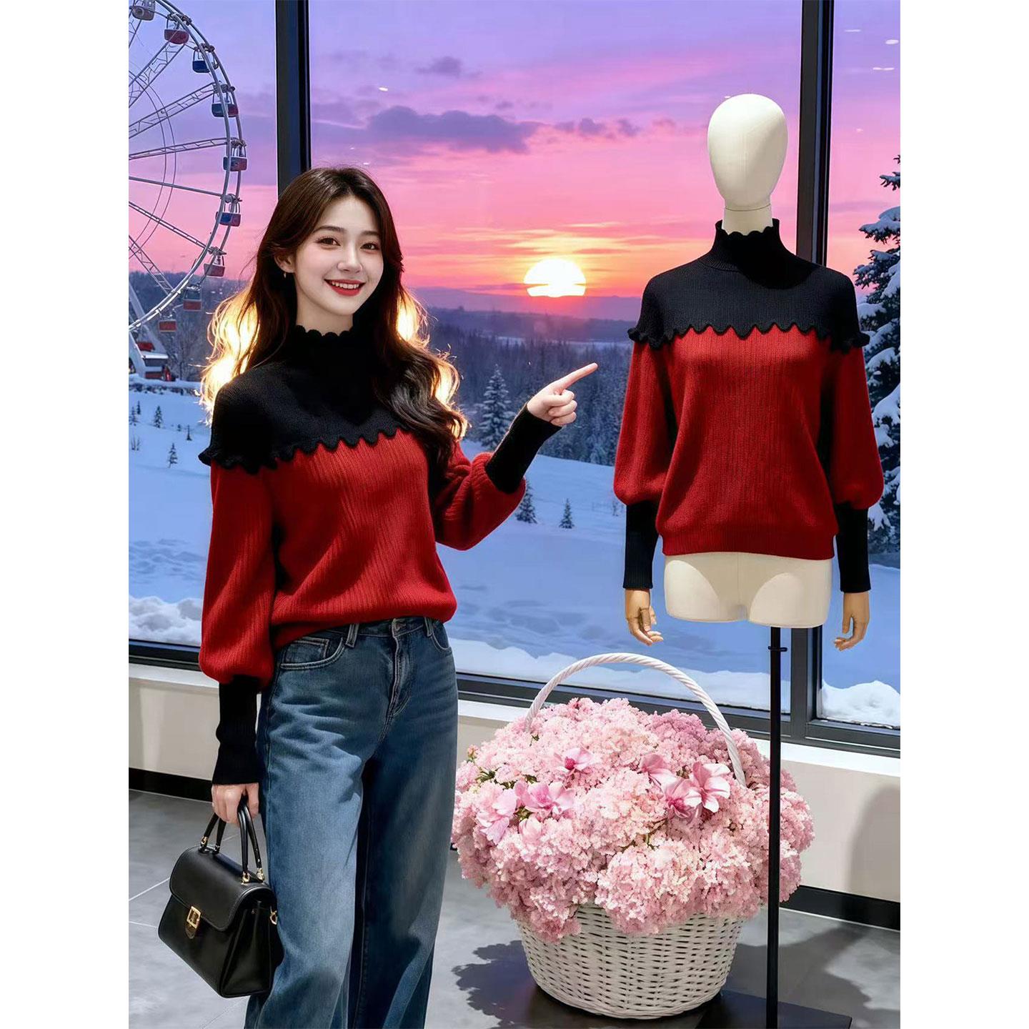 红黑拼色半高领针织打底衫奶fufu慵懒风高级感超好看毛衣女秋冬季