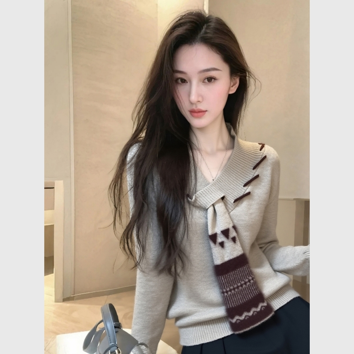 软糯慵懒燕麦色针织衫女2025