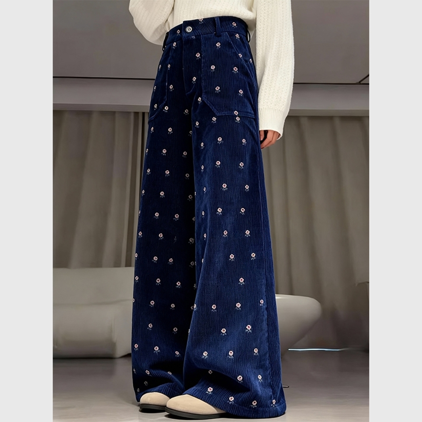深蓝色小花朵灯芯绒裤子女