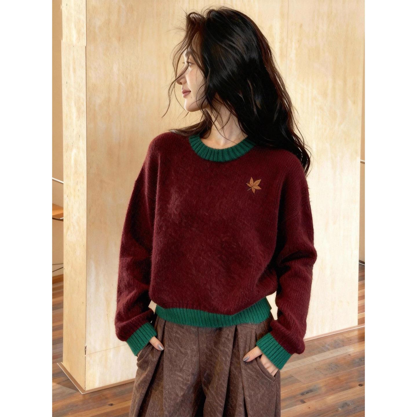 新年复古红色套头针织毛衣女