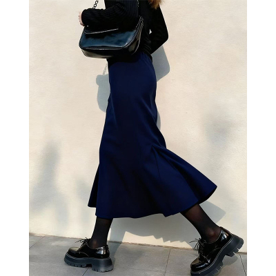 高腰显瘦蓝色抽褶鱼尾半身裙女