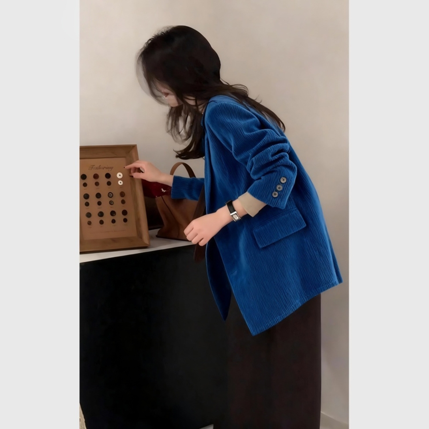 蓝色灯芯绒西装外套女2025新款