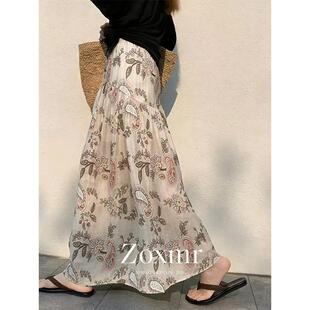 大码 胖mm巨好看裙子波西米亚度假风高腰腰果印花a字半身裙女夏季