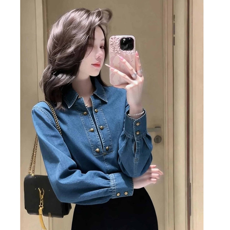 复古牛仔衬衫女长袖翻领金属扣宽松百搭气质衬衣女装纽扣休闲少女,女装/女士精品,短外套,淘宝优惠券,粉丝福利购,淘宝优惠卷