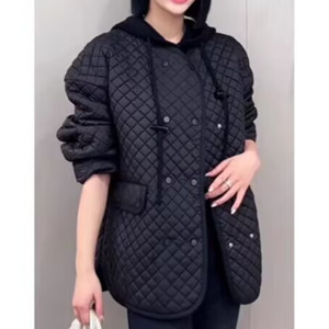 欧洲站2024秋冬时尚拼色圆领凌格轻薄棉衣女宽松大码保暖长袖外套