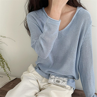 v领薄款连帽针织衫女上衣