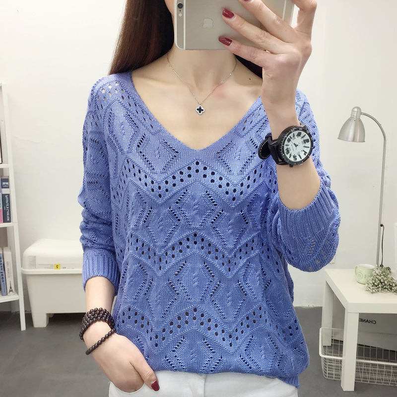 v领镂空针织衫女宽松短款女士毛衣女薄款打底衫2021春季新款上衣