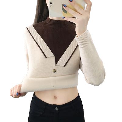 一体绒加绒加厚假两件毛衣女