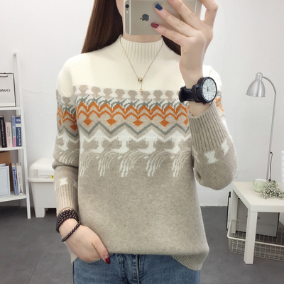 加厚套头拼色民族风毛衣女半高领