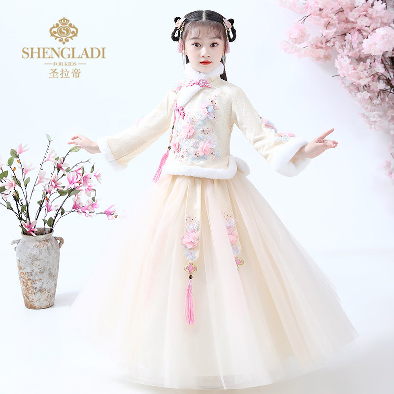现货拜年服女童冬季超仙旗袍加绒超仙保暖女孩.过年新年装