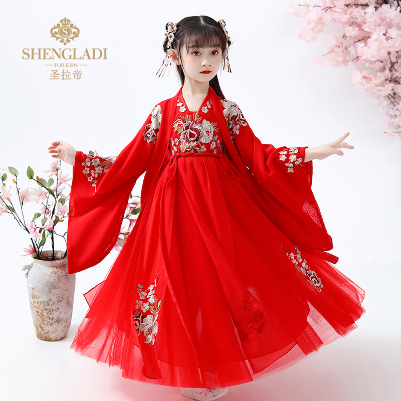 女童汉服夏旗袍儿童古装超仙红色夏款宝连衣裙套装中国风夏款披风