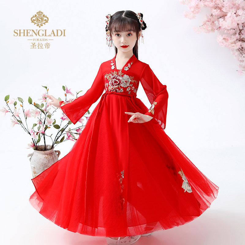 热销汉服女童周岁中国风旗袍红色唐装周岁儿童古装超仙秋款春季连