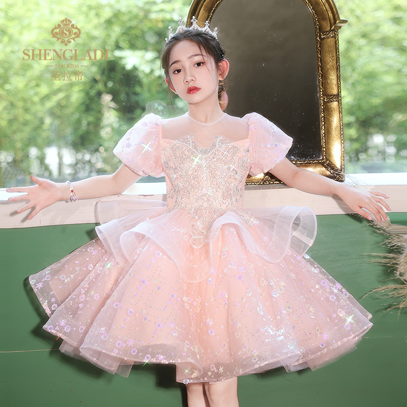 花童婚礼小女孩礼服儿童小主持人钢琴演奏表演服粉色生日公主裙