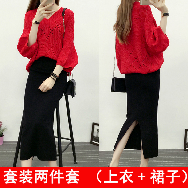 韩版宽松镂空针织大码罩衫网衫毛衣蝙蝠衫女V领连衣裙套装两件套|ruв категории Женская одежда, шерстяной свитер - от Buy2taobao.com для оказания профессиональной услуги покупки агента Taobao