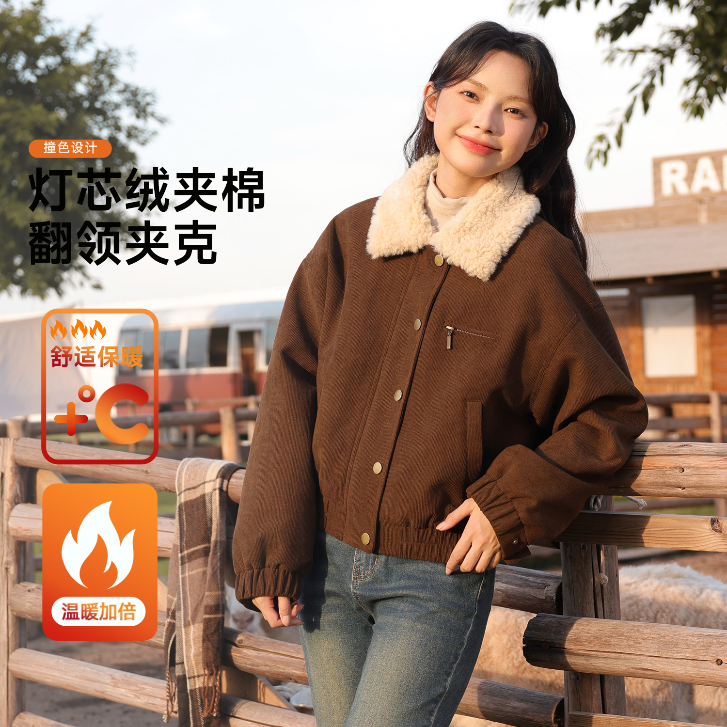 班尼路翻领夹克女秋冬新款加厚保暖宽松休闲百搭短款灯芯绒外套Q