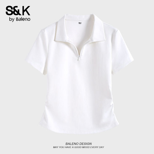 班尼路S&K白色polo领短袖t恤修身