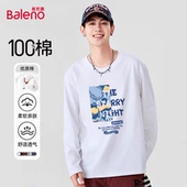 班尼路白色长袖 早秋穿搭上衣A 宽松卫衣男款 男t恤秋季 重磅纯棉美式