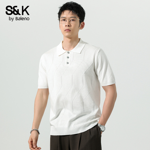 男纹理休闲纽扣t恤YS 翻领polo衫 班尼路SK夏季 老钱风复古咖色短袖