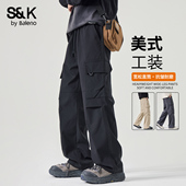 休闲裤 秋冬季 男士 班尼路SK工装 宽松百搭美式 男裤 黑色直筒长裤 子YS