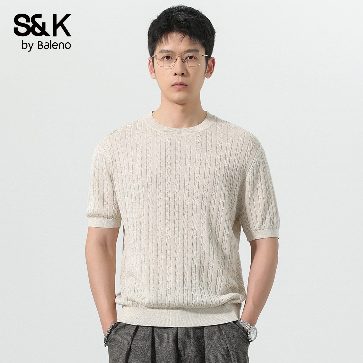 班尼路SK夏季2026新款高级感麻花纹理针织T恤时尚短袖男生上衣YS