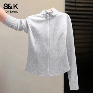 班尼路S&K系列灰色修身外套女款2026春夏新款收腰小个子卫衣上衣M