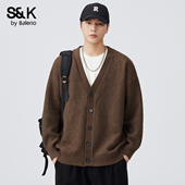 休闲宽松纯色男士 班尼路SK慵懒风V领针织开衫 毛衣外套春季 上衣YS