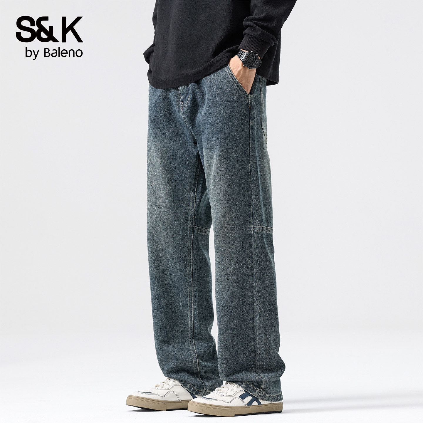 班尼路秋冬宽松直筒复古牛仔裤男