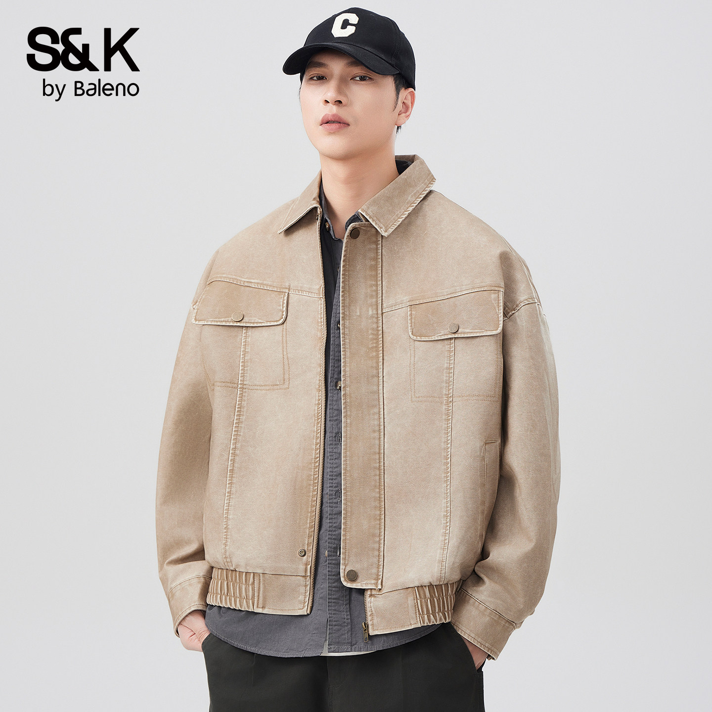 班尼路SK2025春秋潮流宽松皮衣外套复古时尚短款机车服男士夹克YS