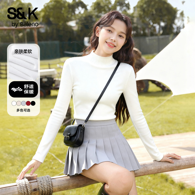 班尼路S&K系列白色半高领针织毛衫女秋冬新款保暖亲肤内搭打底衫Q