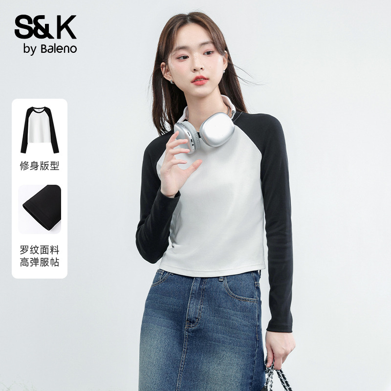 班尼路S&K系列撞色长袖T恤女春秋新款内搭打底衫修身显瘦上衣女Q
