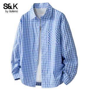 男士 衬衫 休闲日系宽松衬衣外套男YS 复古纯棉格子长袖 班尼路SK夏季