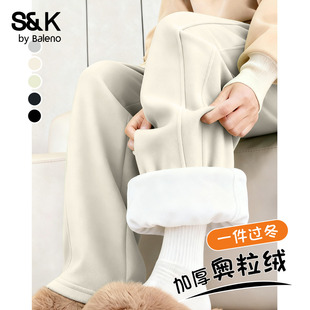加绒加厚休闲阔腿裤 新款 子N 女冬季 班尼路S&K系列拼接奥粒绒直筒裤