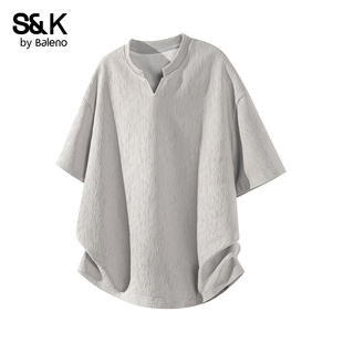 宽松高级感体恤衫 班尼路SK夏季 男装 t恤男2026新款 肌理感V领短袖