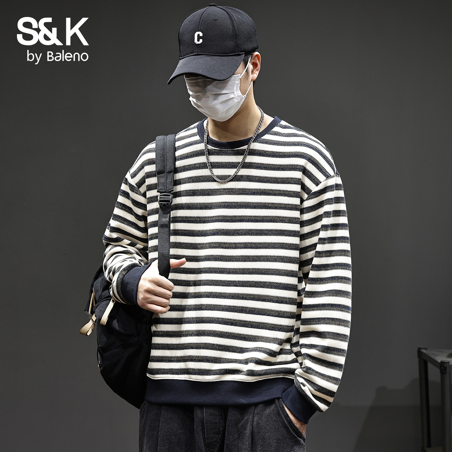 班尼路SK冬季卫衣男复古条纹宽松圆领百搭潮流时尚休闲男士上衣YS