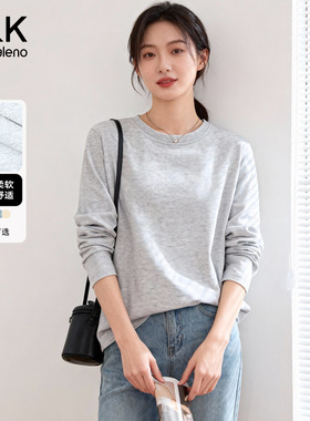 班尼路S&K灰色纯棉内搭打底上衣女2026春季新款宽松圆领长袖T恤H