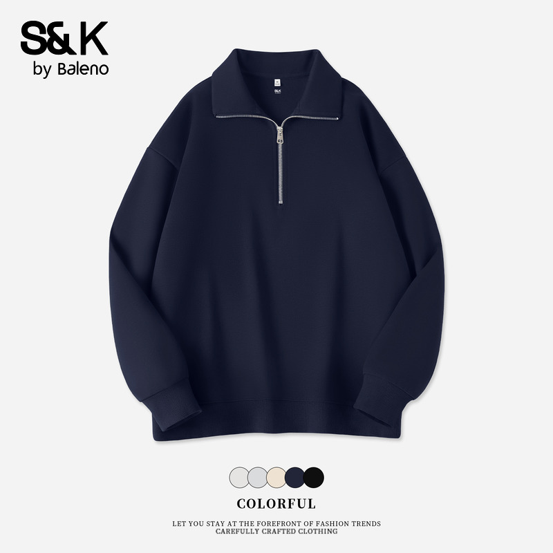 班尼路S&K系列蓝色翻领卫衣外套女2025秋季新款宽松早秋无帽上衣H