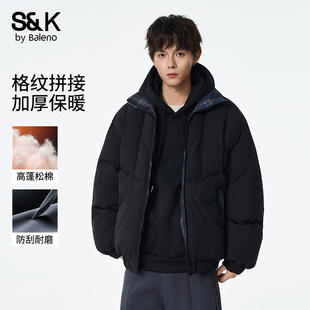 2025新款 冬季 潮牌拼接加厚翻领棉衣外套E 格纹棉服男士 班尼路美式