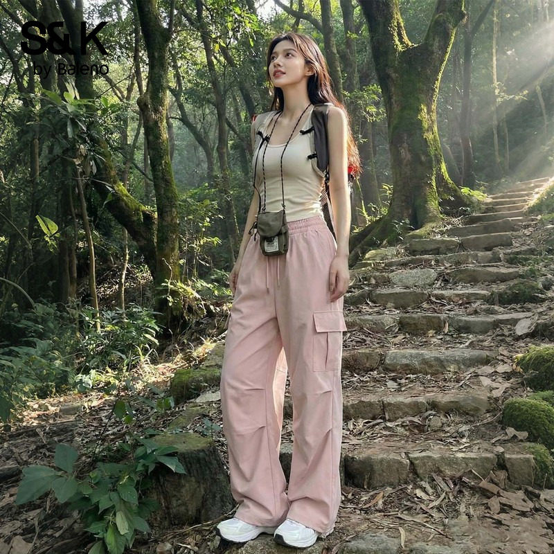 班尼路S&K系列粉色高腰凉感时尚工装裤女2026春夏新款宽松直筒裤H,女装/女士精品,休闲裤,淘宝优惠券,粉丝福利购,淘宝优惠卷